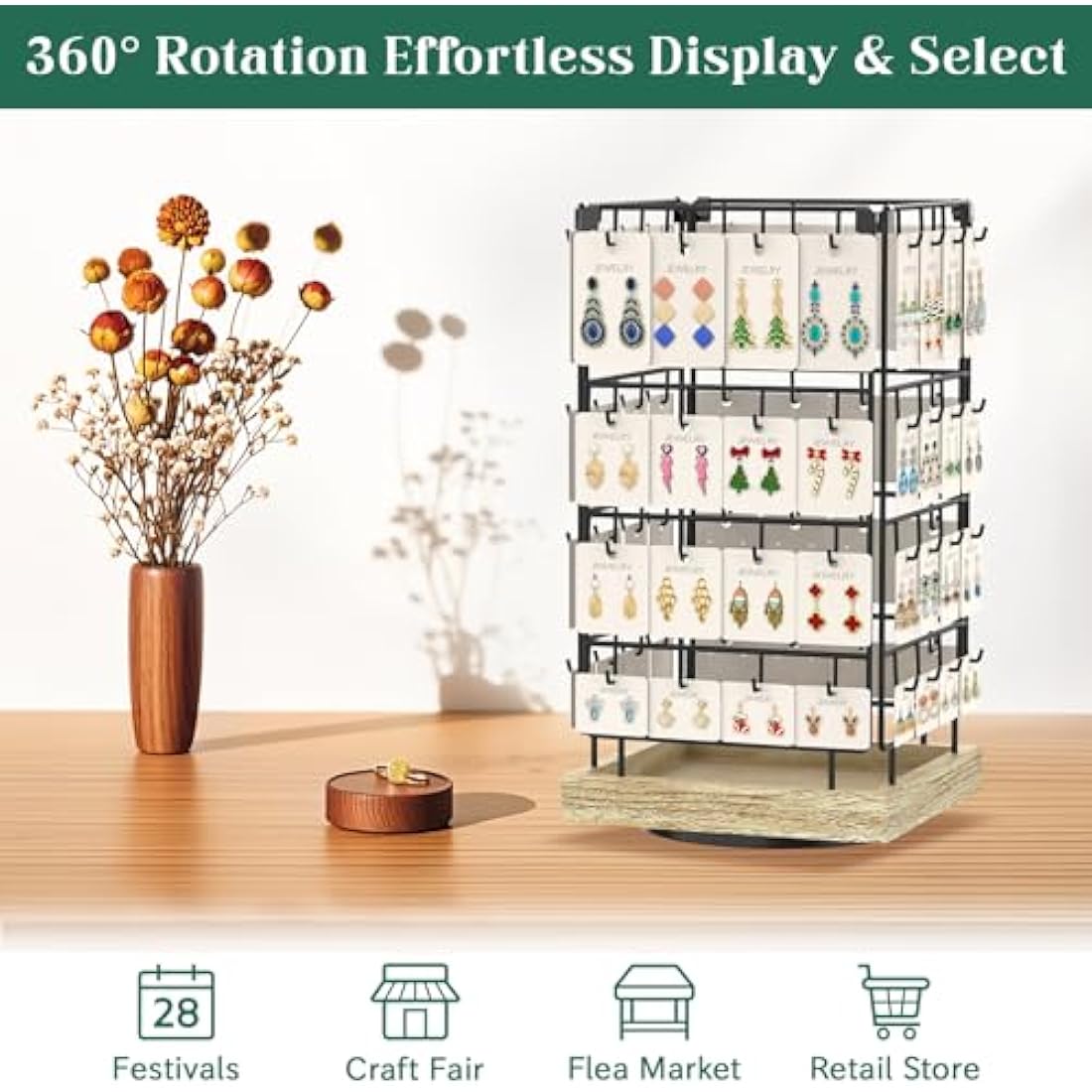 EsLuker.ly Rotating Earring Display Holder Stand for Vendors Events Selling, Large Capacity 64 Hooks Jewelry Rack with Wooden Base for Earring Card Sales, Enhances Retail Display Visibility