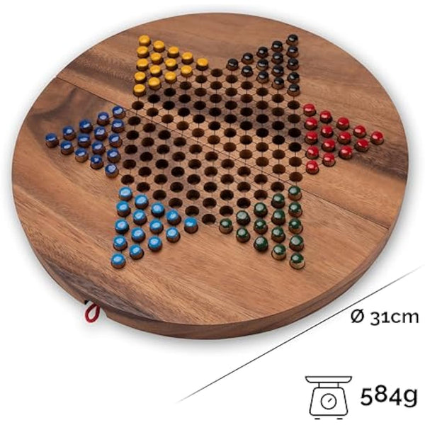 Halma Gr. XL - Stern Halma - Chinese Checkers - Strategiespiel - Gesellschaftsspiel aus Holz mit rundem, klappbarem Spielbrett