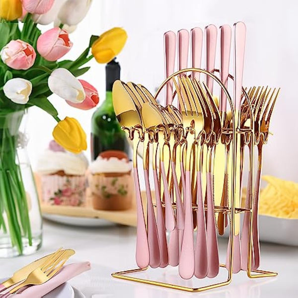 24 Piece Flatware Set, Stainless Steel Cutlery Set with Silverware Holder, Spoons, Forks, and Knives, Utensil Set Service for 6, Gold Mirror Polished and Matte Pink Painted (Pink)