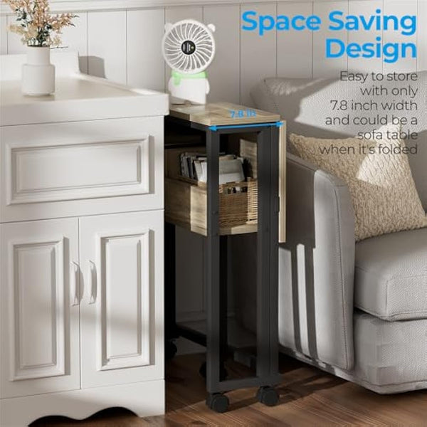 GreenForest Small Folding Desk with Storage Shelf,80 cm Computer Rolling Desk on Wheels Easy Assembly,Foldable desk for Small Space,Grey Wash