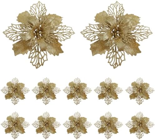 12pcs Glitter Poinsettia Christmas Artificial Flowers Christmas Tree Floral Ornaments Decorations Xmas Tree Pendant Christmas Wreath Filler (Golden)