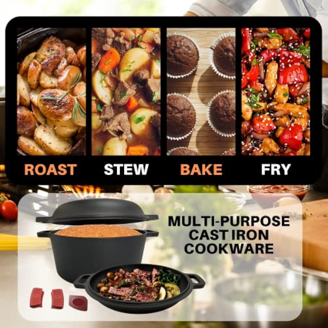 Pinnacle Cookware – 4.7 Litre / 5 Quart Pre Seasoned Cast Iron Dutch Oven | Casserole Dish with Lid | Cooking Pot | Skillet Pan Cast Lid | Oven Proof & All Hobs | Perfect for Bread Making | Camping