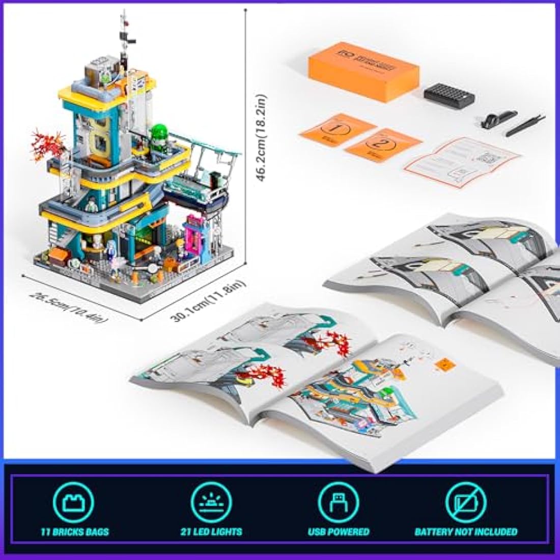 FUNWHOLE Cyberpunk Mansion Lighting Building-Bricks Set - 2524 Pcs Future City Modular Buildings Set Display Idea for Adults and Sci-fi Lovers