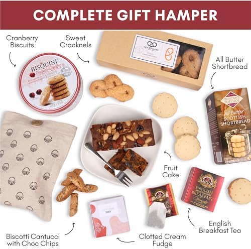 Afternoon Tea Hamper for 2 - Fruit Cake Hamper with Shortbread Biscuits, Fudge, Breakfast Tea, and Cookies - Luxury Food Hampers for Her, Gift Hamper for Mum, Birthday Hampers for Men - by Hay Hampers