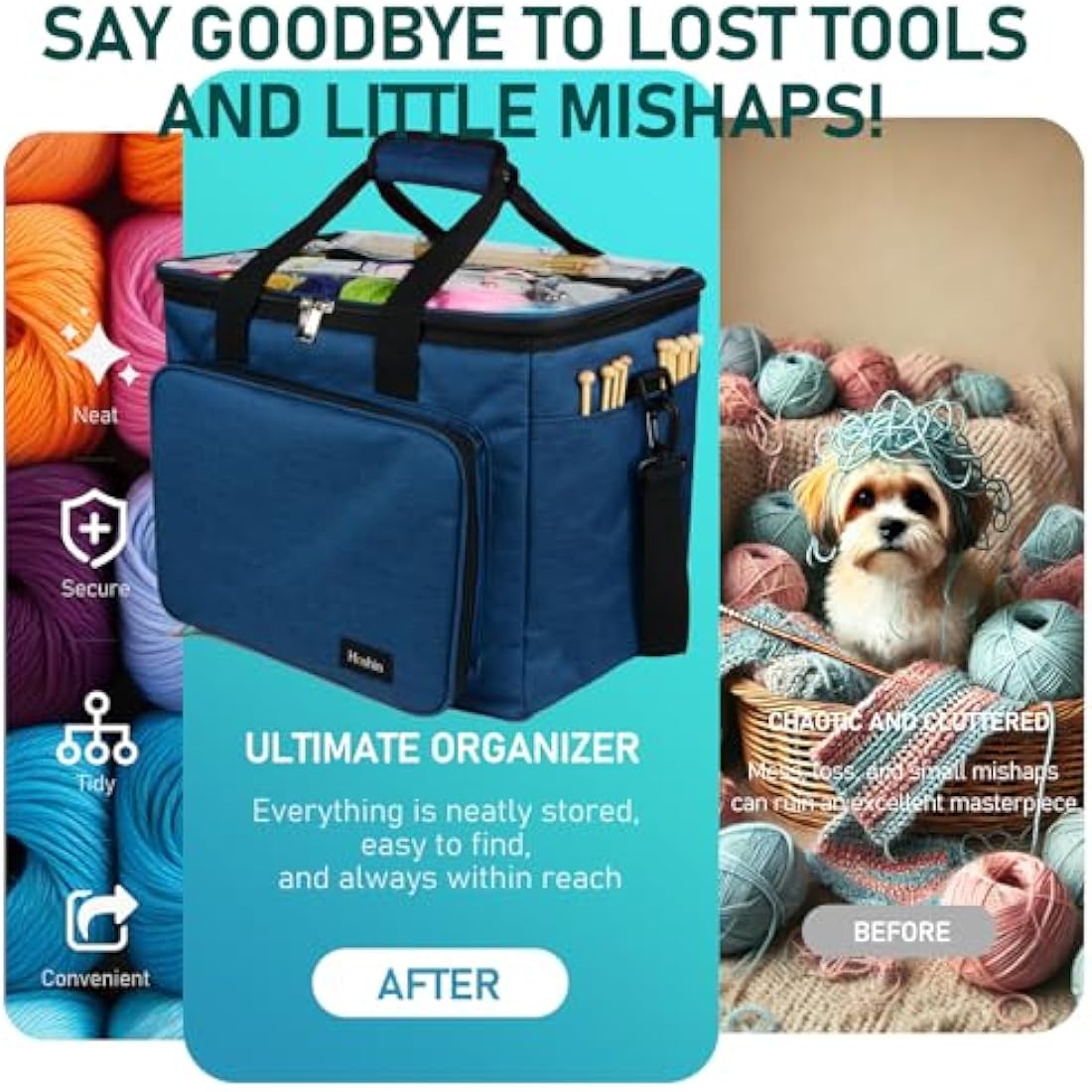 Hoshin Knitting Bag for Yarn Storage, Portable Crochet Tote Bag Yarn Organizer for Crochet Patterns and Hooks, Needles, Skeins of Yarn-Enjoy Knitting/Crocheting Anywhere(Navy)