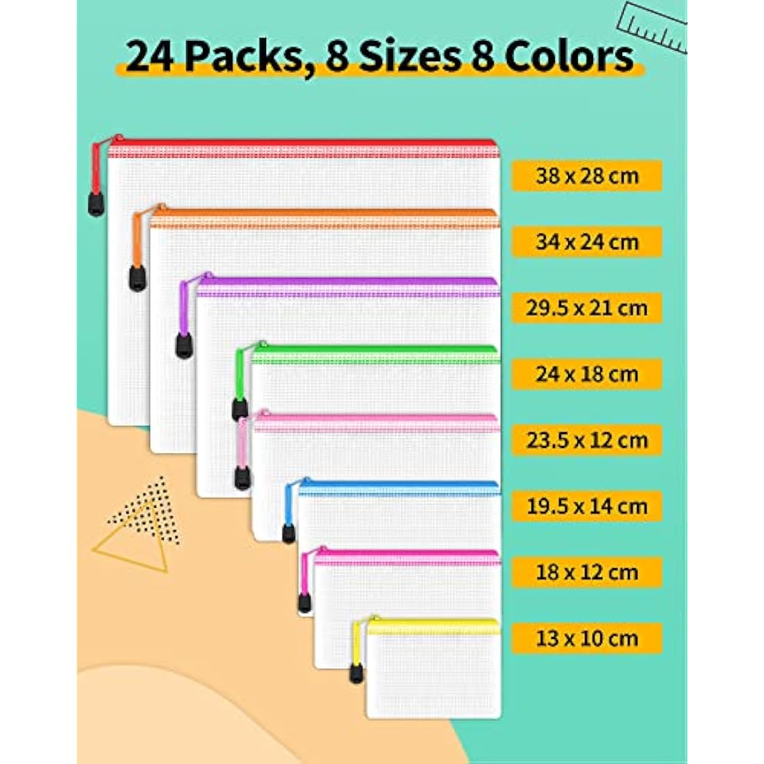 24PCS Plastic Wallets Folders, 8 Sizes Plastic File Folders Zip Lock Bags, Waterproof Mesh Document Wallet Storage Bags for School, Home, Office and Travel (8 Color)