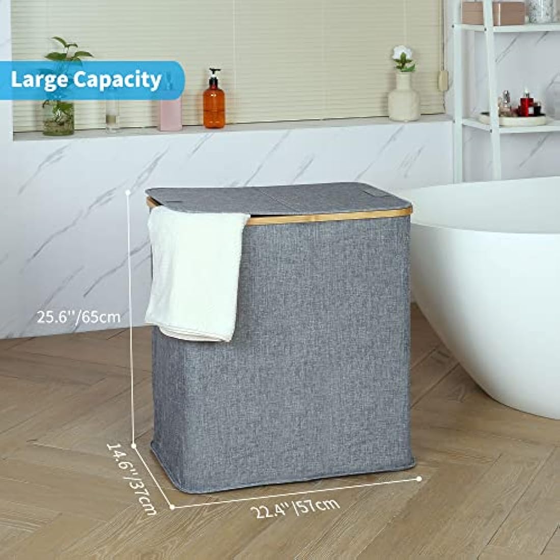Efluky 140L Large Divided Wash Basket with Lid, 2 Section, Blue-grey