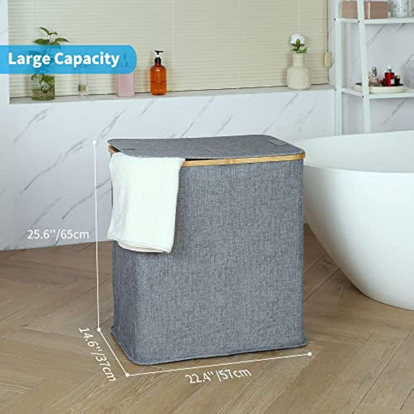 Efluky 140L Large Divided Wash Basket with Lid, 2 Section, Blue-grey