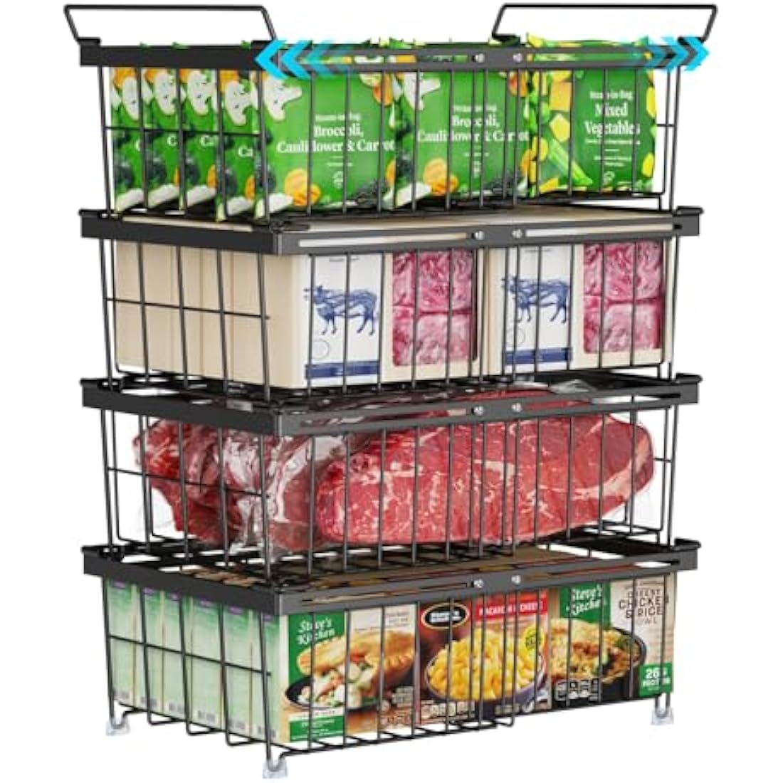 iSPECLE Chest Freezer Baskets - Expandable Fit 283 to 566L Deep Freezer, 4 Pack Large Stackable Wire Basket Add Space Easily Get Frozen Foods with Handles, Allow Air Circulation, Black