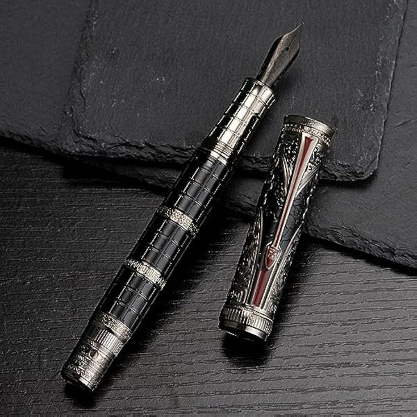 Hong Dian D5 Qin Dynasty Fountain Pen Silver Black Extra Fine Tip Piston Filler Pen Chinese Retro Totem Engraved Soft Writing Pen with Pen Box Set