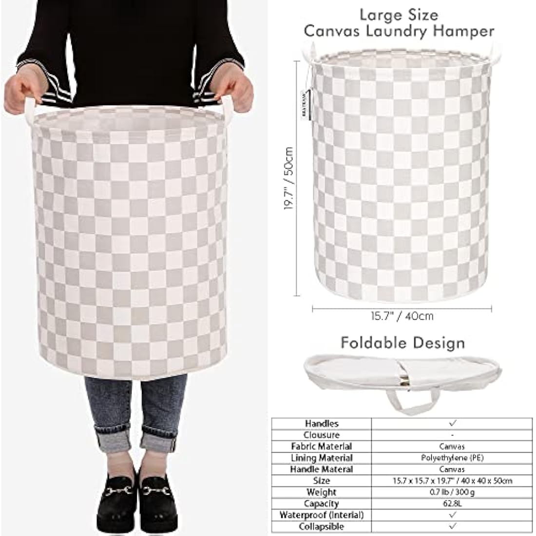 Sea Team 19.7 Inch Large Sized Waterproof Coating Ramie Cotton Fabric Folding Laundry Hamper Bucket Cylindric Burlap Canvas Storage Basket with Stylish Grid Grey Design
