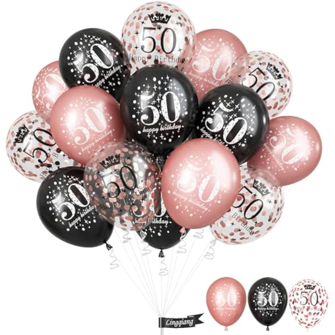 50th Birthday Decorations for Women, Pack of 15 Happy 50th Birthday Balloons Black Rose Gold Confetti Latex Helium Balloons for Her Age 50 Years Old 50th Birthday Party Decor Celebration Supplies