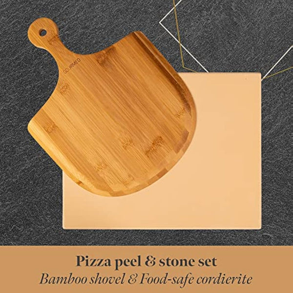 GOURMEO Pizza Stone Kit w/Bamboo Wood Paddle - 38x30cm - Cordierite Pizza Stones for Oven & BBQ - Even Heat Distribution