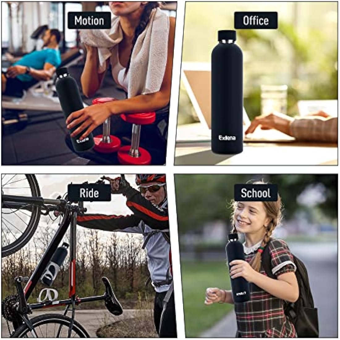 Exllena Insulated Black Water Bottles 1l with Clip, Double Wall Vacuum Drinks Bottle Keeps Drinks Cold 24 Hrs/Hot 12 Hrs, Stainless Steel Water Bottle BPA Free