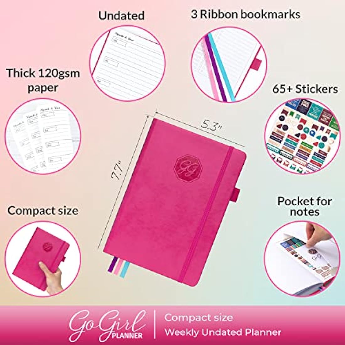 GoGirl Planner and Organizer for Women – Compact Weekly Planner, Goals Journal & Agenda to Improve Time Management & Productivity (Hot Pink)