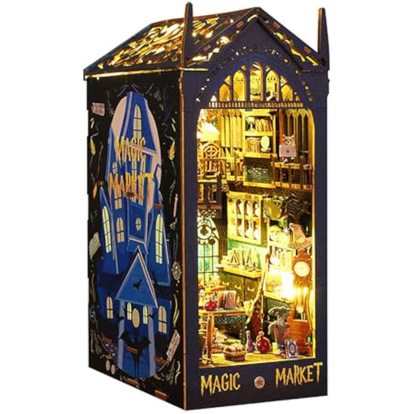 DIY Book Nook Kit - DIY Miniature Dolls House Kit with Furniture and LED Light, 3D Puzzle Wooden Art Bookends, Model Kits for Adults to Build (Magic Bazaar)
