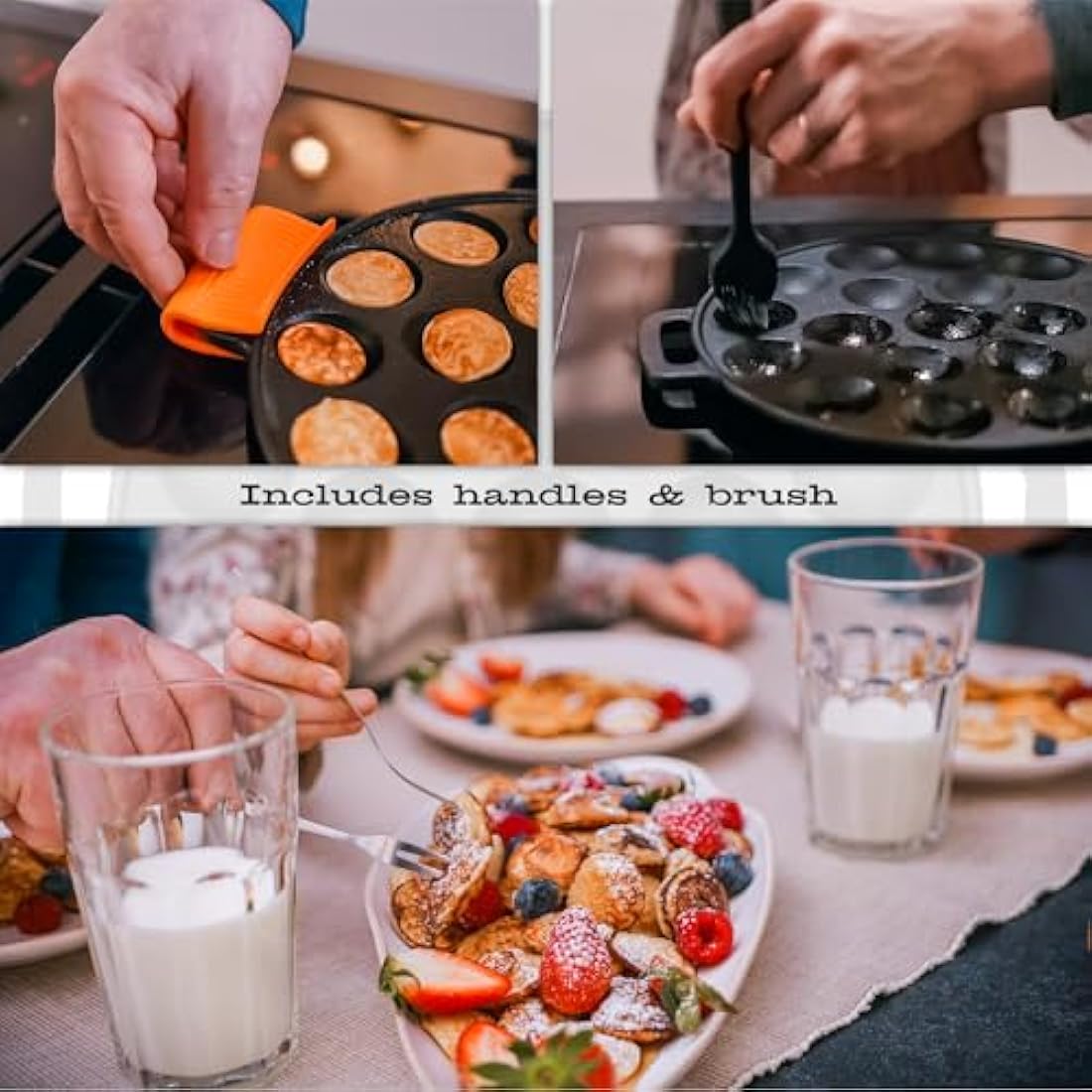 IRONO Poffertjes Pan - Mini Pancake Maker - Pancake Pan - 19 Mini Pancakes - Eggs Crepe Pan - Cast Iron - Includes Brush, Turning Fork, Batter Bottle, Handles