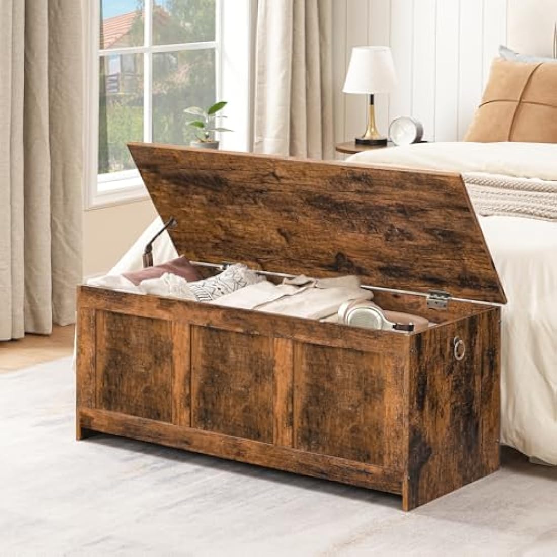 HOOBRO Storage Chest, Wooden Storage Bench, Blanket Storage Box, Wooden Storages Chest Trunk, Large Toy Chest, Shoe Storage Bench, 100 cm, U-Shaped Opening, Rustic Brown EFG141CW01