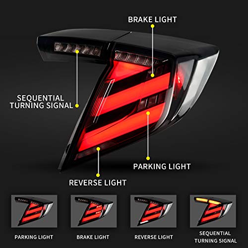 Archaic LED Rear Lights Compatible with 10th Honda Civic Type R Hatchback FK7 FK8 2016-2020, with Sequential Turn Signal, Animation DRL, Pair