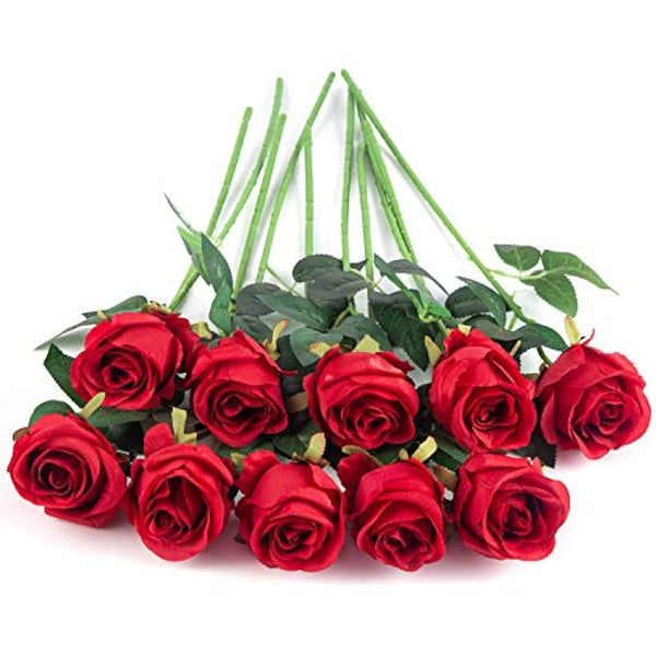 Flojery 10pcs Artificial Rose Flowers Long Stem Fake Silk Roses for DIY Wedding Bouquet Table Centerpiece Home Decor,Red