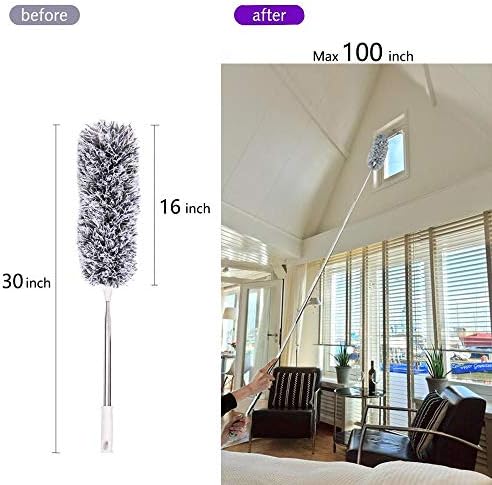 Feather Extendable Telescopic Pole, 100 inches, Microfiber Duster with Washable Bendable Head, for High Ceiling Fans, Blinds, Cobweb, Cars