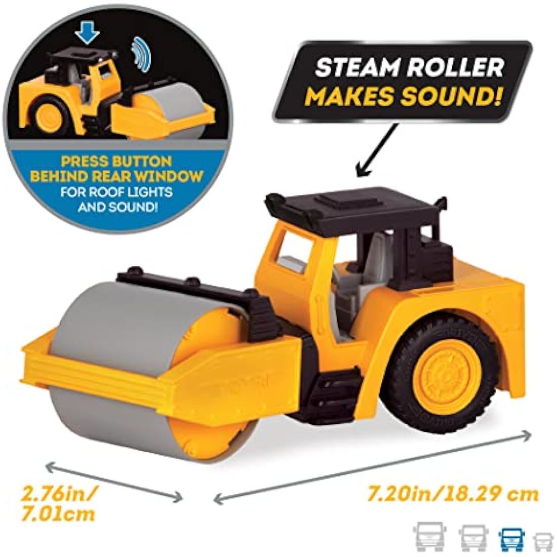 DRIVEN - Micro Steam Roller - Toy Truck with Heavy-Duty Roller, Light, and Sound - Yellow Trucks and Construction Toys for Kids Aged 3 +, Nylon/a