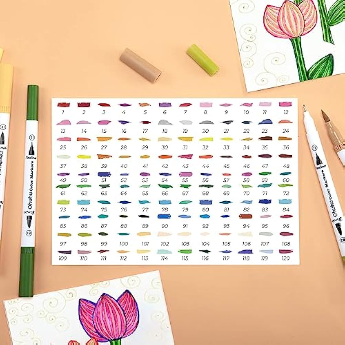 Ohuhu Colouring Pens, 120 Dual Tip Brush Fineliner Art Markers Felt Tip Pens Set with Case, for Kids and Adults Colouring Books Drawing Calligraphy Journal Sketching, Maui Series