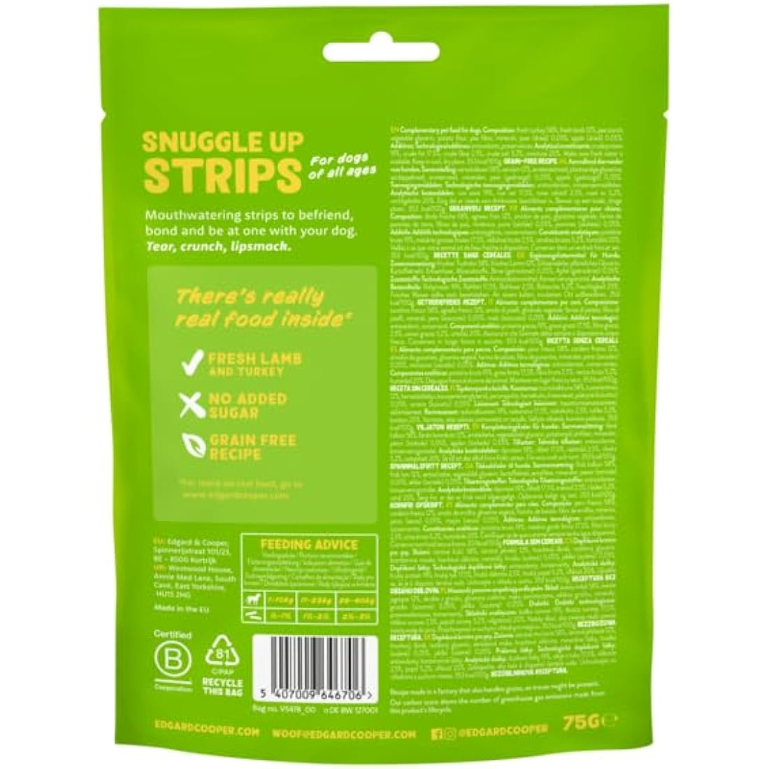 Edgard Cooper Natural Dog Treats - Lamb and Turkey Snuggle Up Strips - (10 x 75g bag), Grain Free, High in Protein & fresh meat, full of essential amino acids for healthy insides