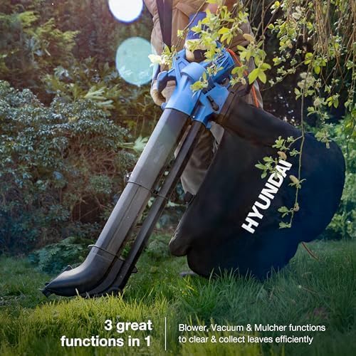 Hyundai Leaf Blower, Garden Vacuum & Mulcher with Large 45 Litre Collection Bag, 12m Cable, 62-170mph Variable Airspeed, Reaches Whole Garden & 3 Year Warranty, Blue