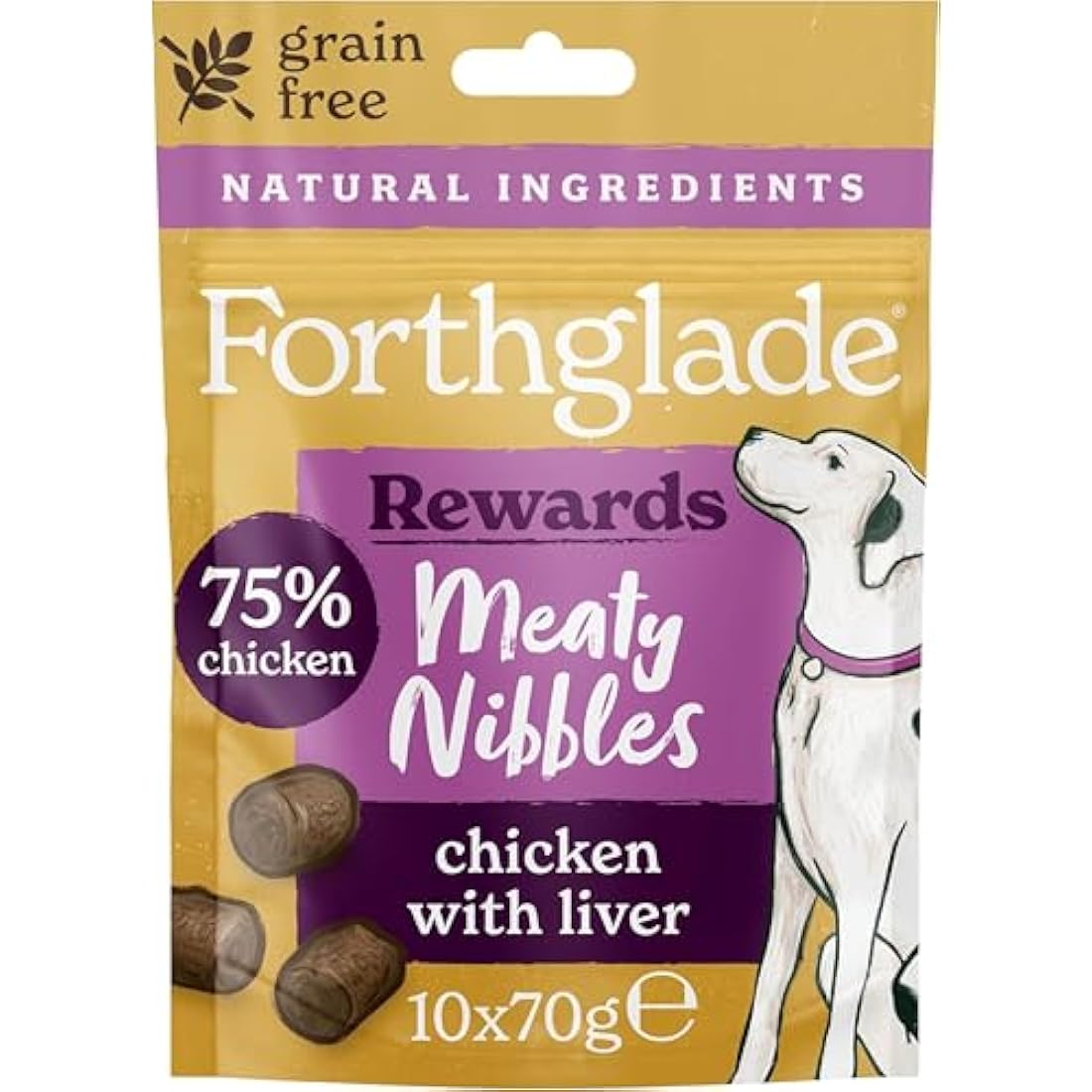 Forthglade Meaty Nibbles (10 x 70g Bags) - Hypoallergenic & Grain Free Dog Treats with Chicken and Liver, Natural Dog Treats, Training Rewards with 75% Chicken