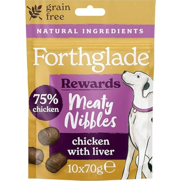 Forthglade Meaty Nibbles (10 x 70g Bags) - Hypoallergenic & Grain Free Dog Treats with Chicken and Liver, Natural Dog Treats, Training Rewards with 75% Chicken