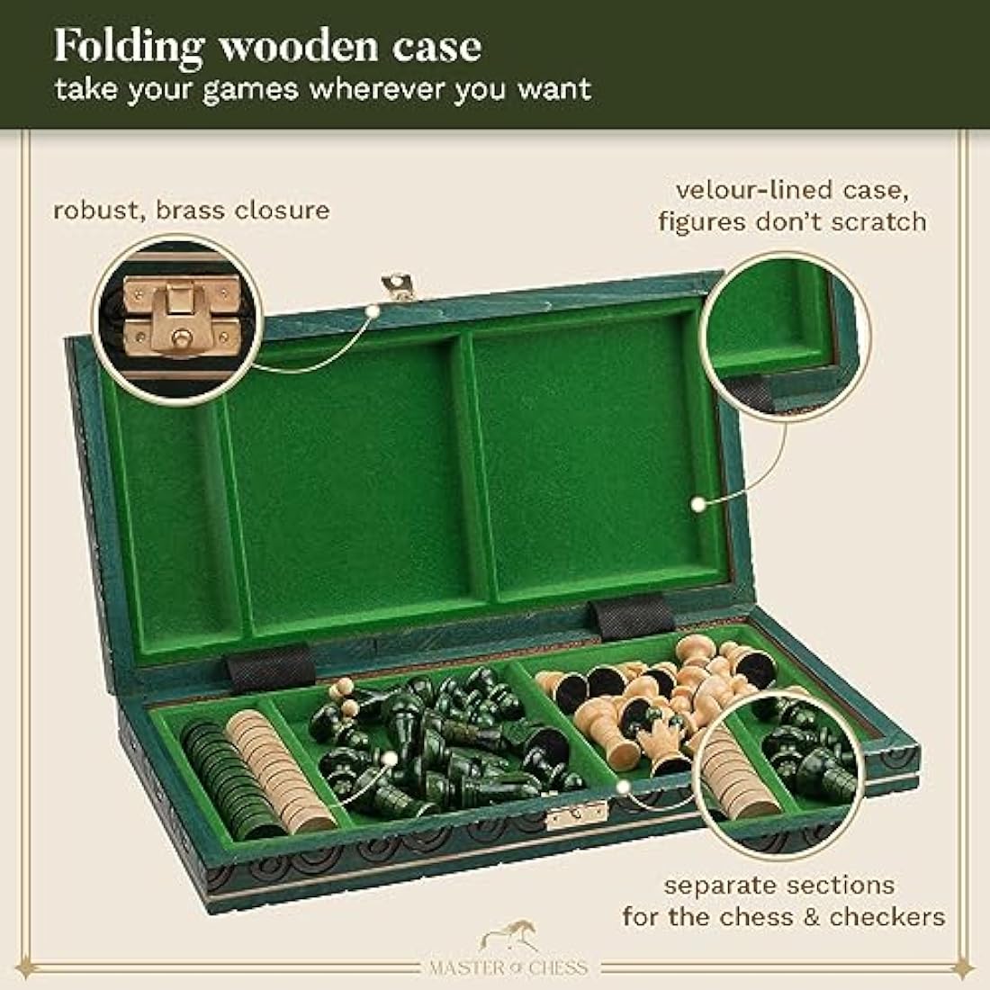 GREAT KINGDOM Chess and Checkers Set | Master of Chess Green Chess Set | Chess Board 35cm Chess Set for Adults and For Kids - Handmade Portable Chess and Drafts/Draughts Set