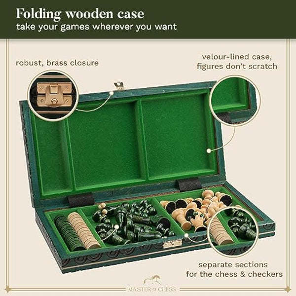 GREAT KINGDOM Chess and Checkers Set | Master of Chess Green Chess Set | Chess Board 35cm Chess Set for Adults and For Kids - Handmade Portable Chess and Drafts/Draughts Set