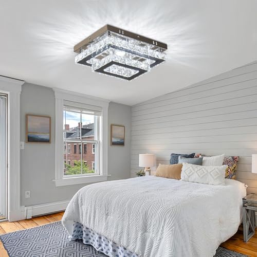 Finktonglan Crystal Ceiling Light Modern Flush Mount Rectangular LED Ceiling Lamp K9 Stainless Steel Ceiling Lights Fixture Chandelier for Living Room Bedroom Dining Room(Cool White)