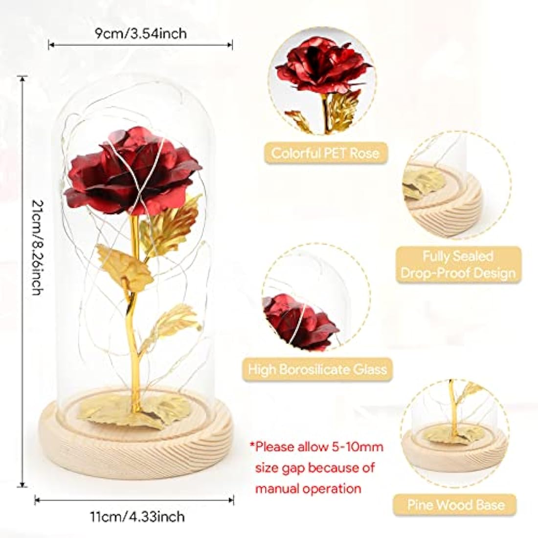 ADAZ 24K Eternal Rose for Women/Wife/Grandma/Girlfriend for Her Rose Flower Artificial Roses in Glass Dome with LED Light Strip on Mother's Day Valentine's Day,Anniversary