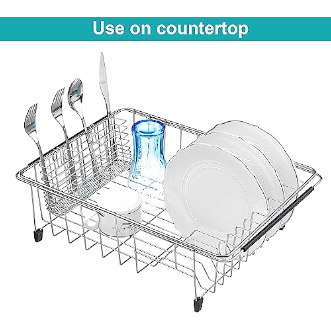 iPEGTOP Dish Sink Drainer, Dish Drying Rack Over Sink, Extendable Dish Drainer with Removable Cutlery Holder, Dish Rack in Sink or On Counter, Plate Rack Drainer for Kitchen