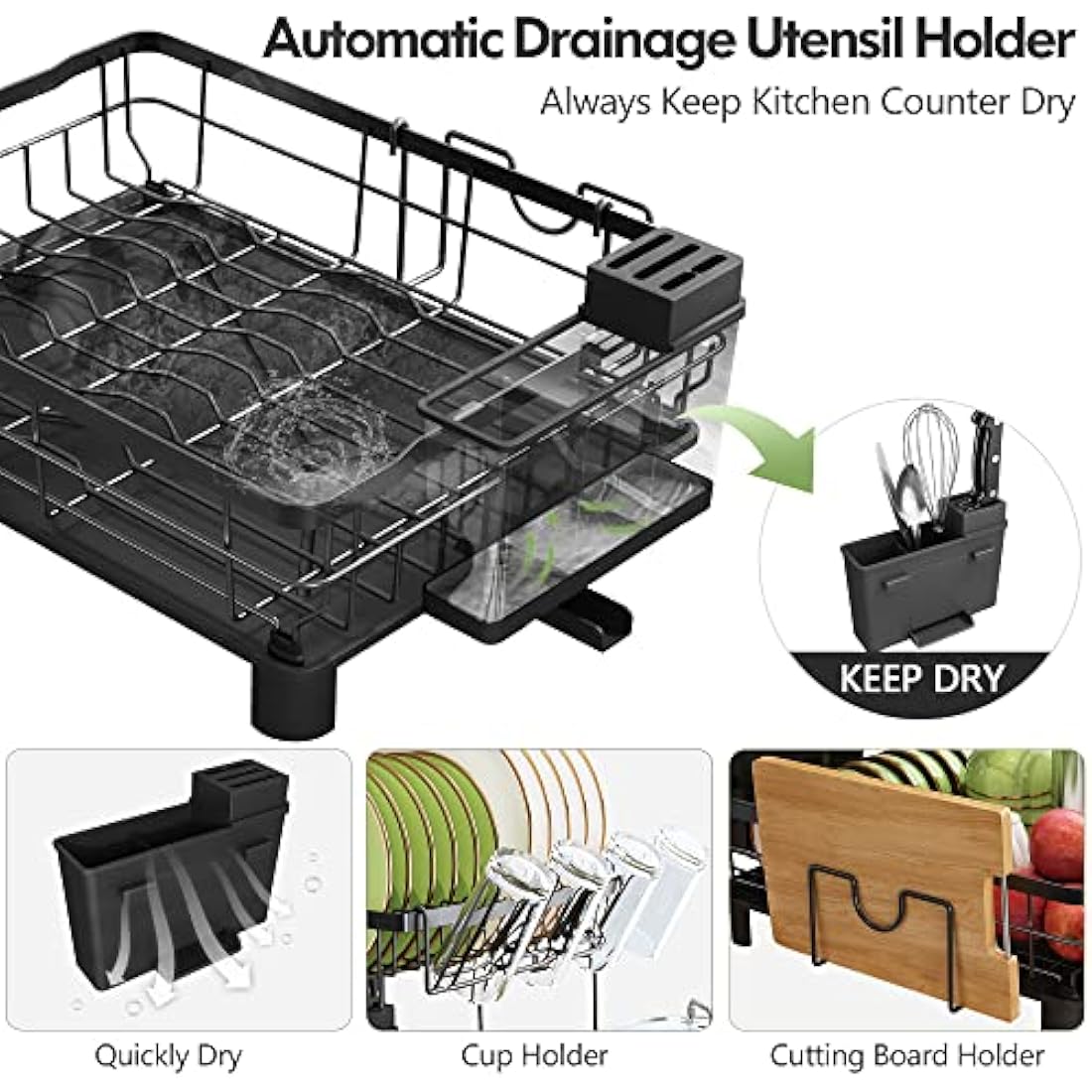 Dish Drainer Rack, 2 Tier Dish Drainer with Drip Tray and Drying Mat, Stainless Steel Draining Board Rack with 360° Swivel Drainage Spout, Utensil Holder, Cups Holder, Cutting-Board Holder, Black