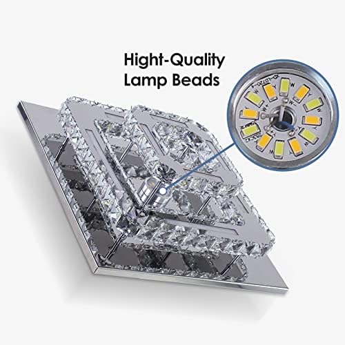 Finktonglan Crystal LED Chandelier Ceiling Light, Modern Square Ceiling Lamp Flush Mount Crystal Lights Fixture for Dining Room Hallway Bedroom Kitchen Hotel Foyer Living Room, Color Changeable