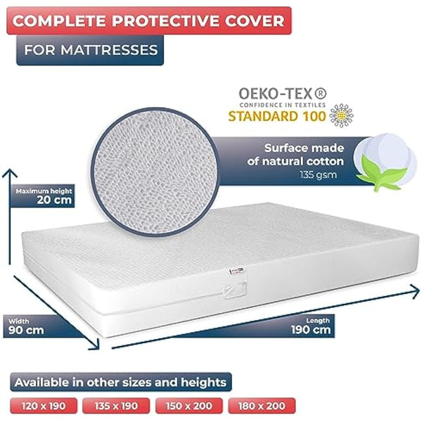WRAPPYBAG Bed Bugs Mattress Protector - Mattress Cover - Zipped Mattress Protector - Waterproof - Cotton Surface - Single Size