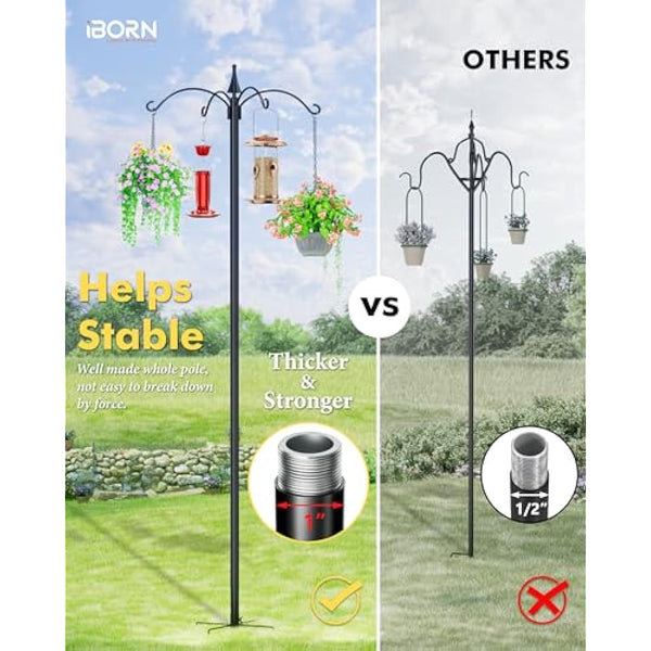 iBorn Bird Feeders Hanging Station 87Inch Wild Bird Feeding Station Stand Heavy Duty For Feeders Hanging, 1 Inch Thickness Pole, 4-Hooks,5-Prong Pole Stabilizer(Bird Feeders NOT Included)