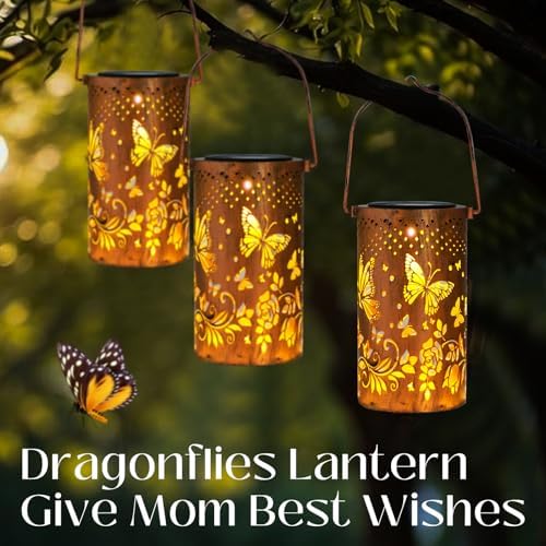 2 Pack Butterfly Solar Lanterns Outdoor Hanging Lantern Lights, Butterfly Hollowed-Out Metal Decor Lantern, Butterfly Garden Decoration for Patio, Yard