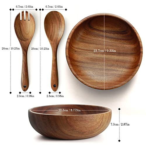 AOOSY Acacia Wooden Salad Bowl and Servers Set,9.5Inchs Solid Wood Saving Bowl with Acacia Wood Spoons Set Salad Mixing Dinner Fork and Spoon Kitchen
