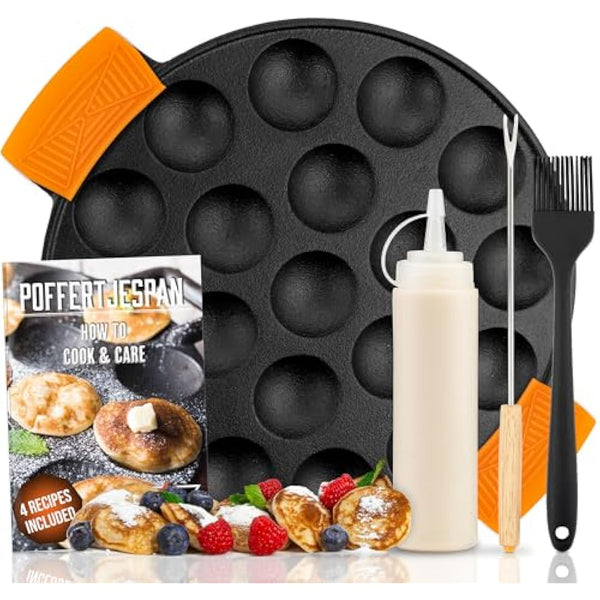 IRONO Poffertjes Pan - Mini Pancake Maker - Pancake Pan - 19 Mini Pancakes - Eggs Crepe Pan - Cast Iron - Includes Brush, Turning Fork, Batter Bottle, Handles