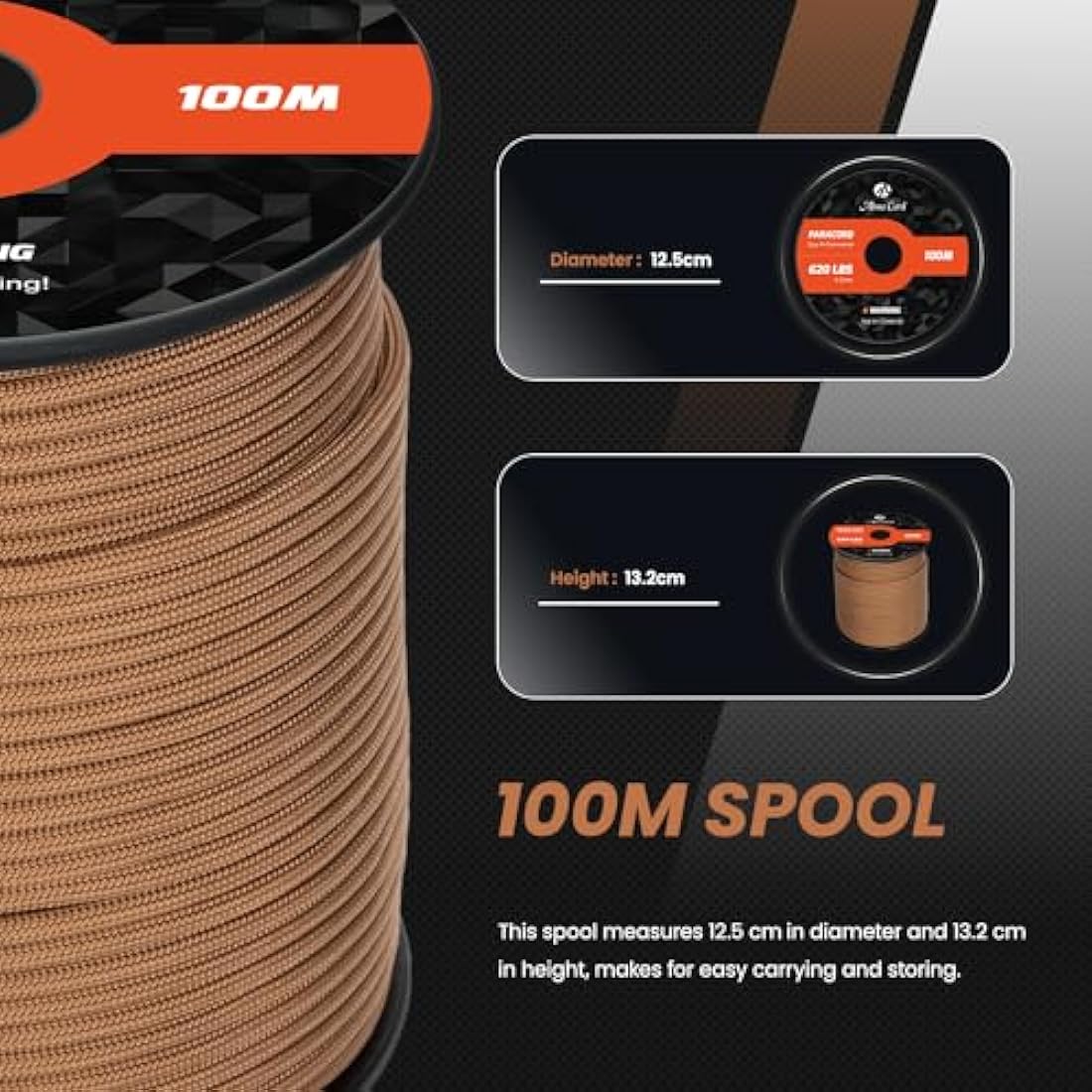 Abma Cord Paracord 4mm 100m 100% Nylon Rope 9 Strands Type III Parachute Cord for DIY, Camping, Survival, Outdoor - Max. 280kg - Coyote Brown