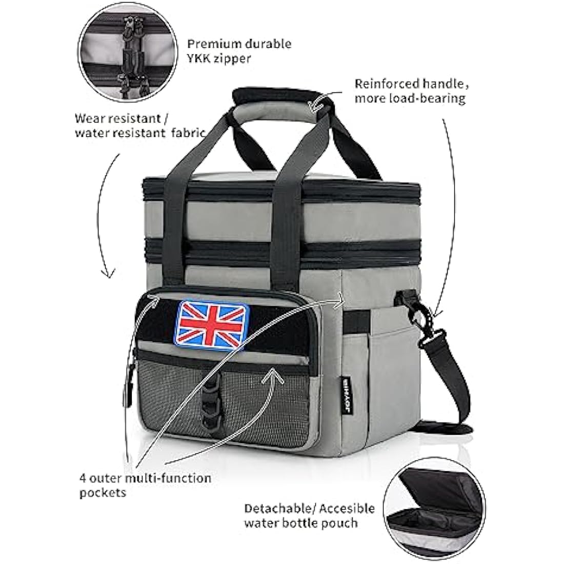 JOYHILL Tactical Lunch Box for Men, Double Deck Expandable Insulated Lunch Bag, Large Durable Thermal and Cooler Bag for Adult, Modern Leakproof Bag for Adult Work, Camping, Picnic, Black