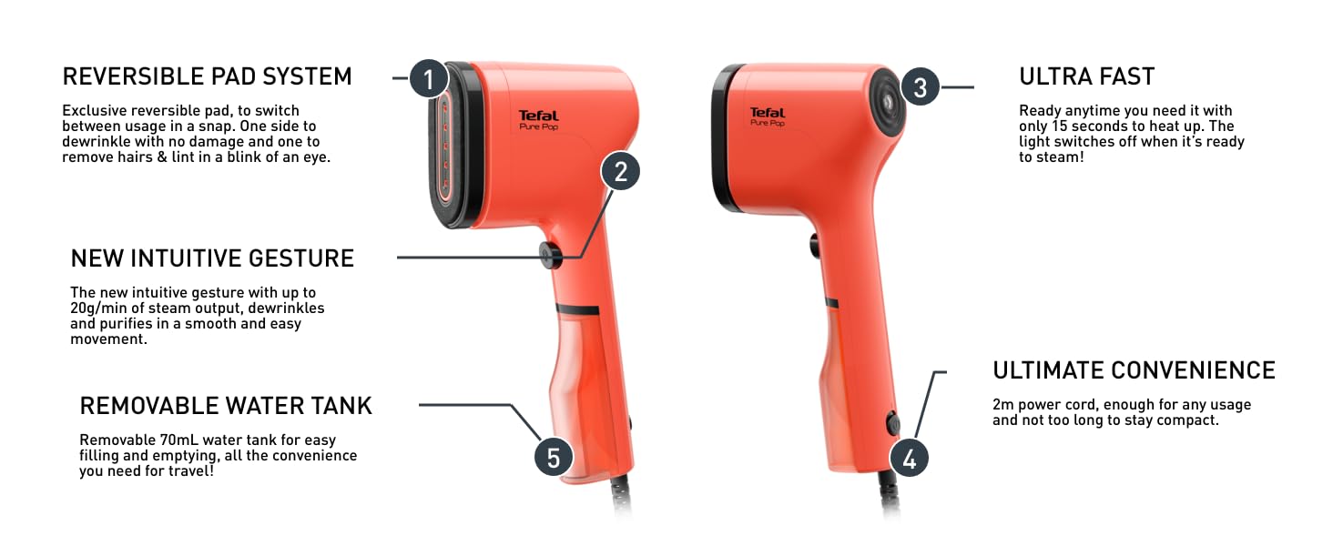 Tefal Pure Pop Slim Handheld Clothes Steamer, No Ironing Board Needed, Ready to Use in 15 Seconds, 70ml Detachable Water Tank, Travel Iron, Garment Steamer, Pink, DT2023