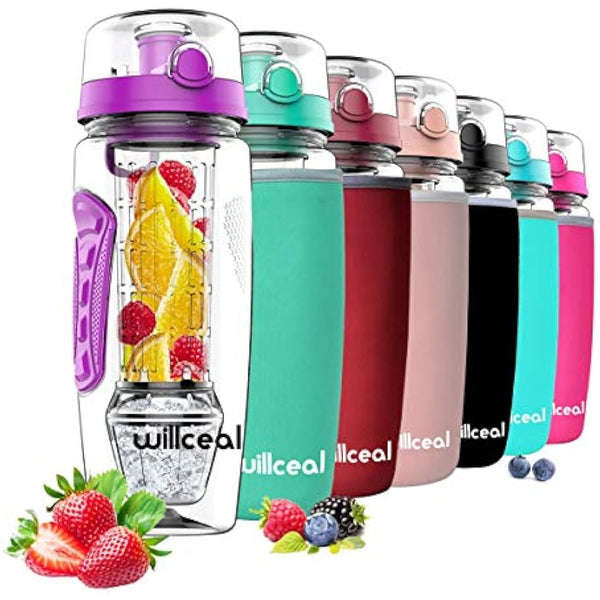 Fruit Infuser Water Bottle 32oz Durable with Detachable Ice Gel Ball,Large - BPA Free Tritan, Flip Lid, Leak Proof Design - Sports, Camping (Purple)