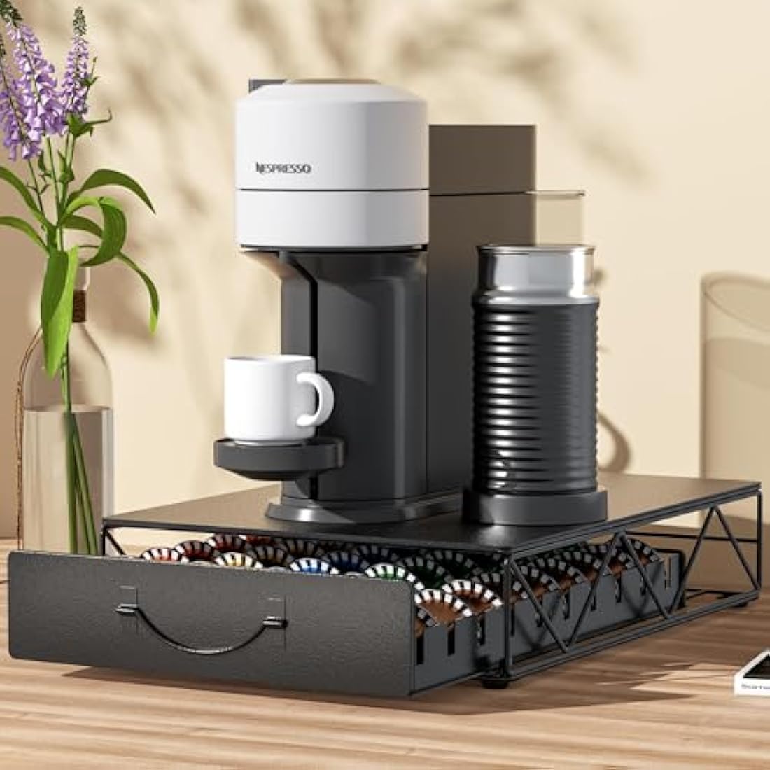HFHOME Metal Coffee Pod Holder for 50 Nespresso Vertuo Capsules Pods & 50 Dolce Gusto Pods - Nespresso Vertuoline Capsule Drawer Organizer Coffee Machine Stand