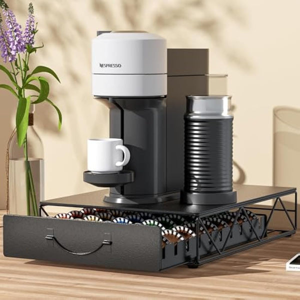 HFHOME Metal Coffee Pod Holder for 50 Nespresso Vertuo Capsules Pods & 50 Dolce Gusto Pods - Nespresso Vertuoline Capsule Drawer Organizer Coffee Machine Stand
