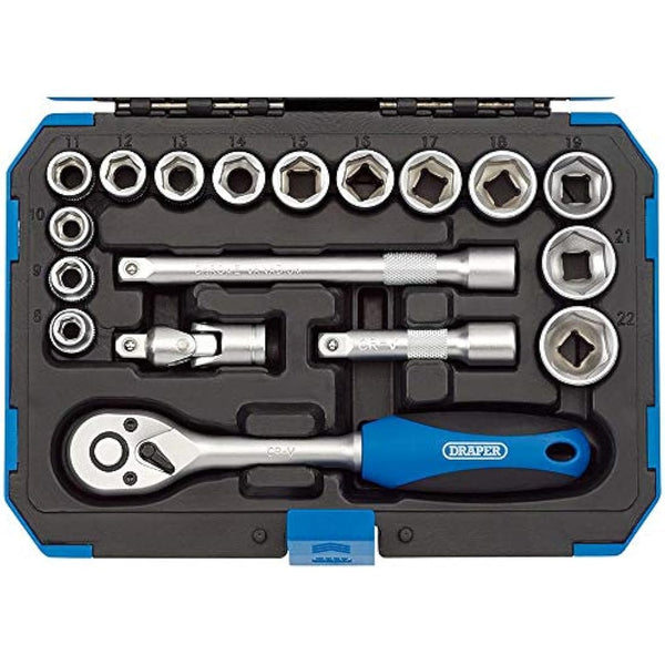 Draper Expert 18 Piece Metric Socket Set | Ratchet Tool and Case | 3/8" Square Drive | HI-TORQ MM/AF Sockets | DIY Home Professional and Car Kit |Hand Tools | 16359